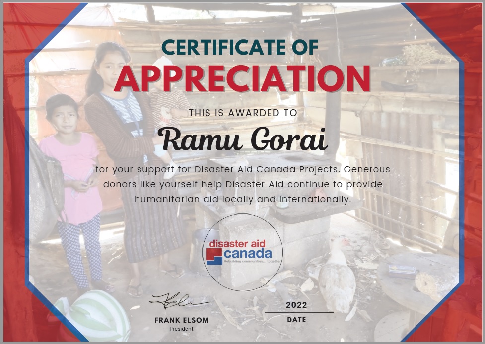 Disaster Aid Canada Certificate